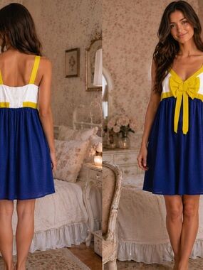 NWT $78 Anthropologie x Eloise Blue Bow-Front Knee Length Smocked Dress XS
